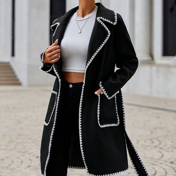 . Jackets & Blazers - Black Elegant Womens  Contrast Binding Lapel Neck Belted Overcoat